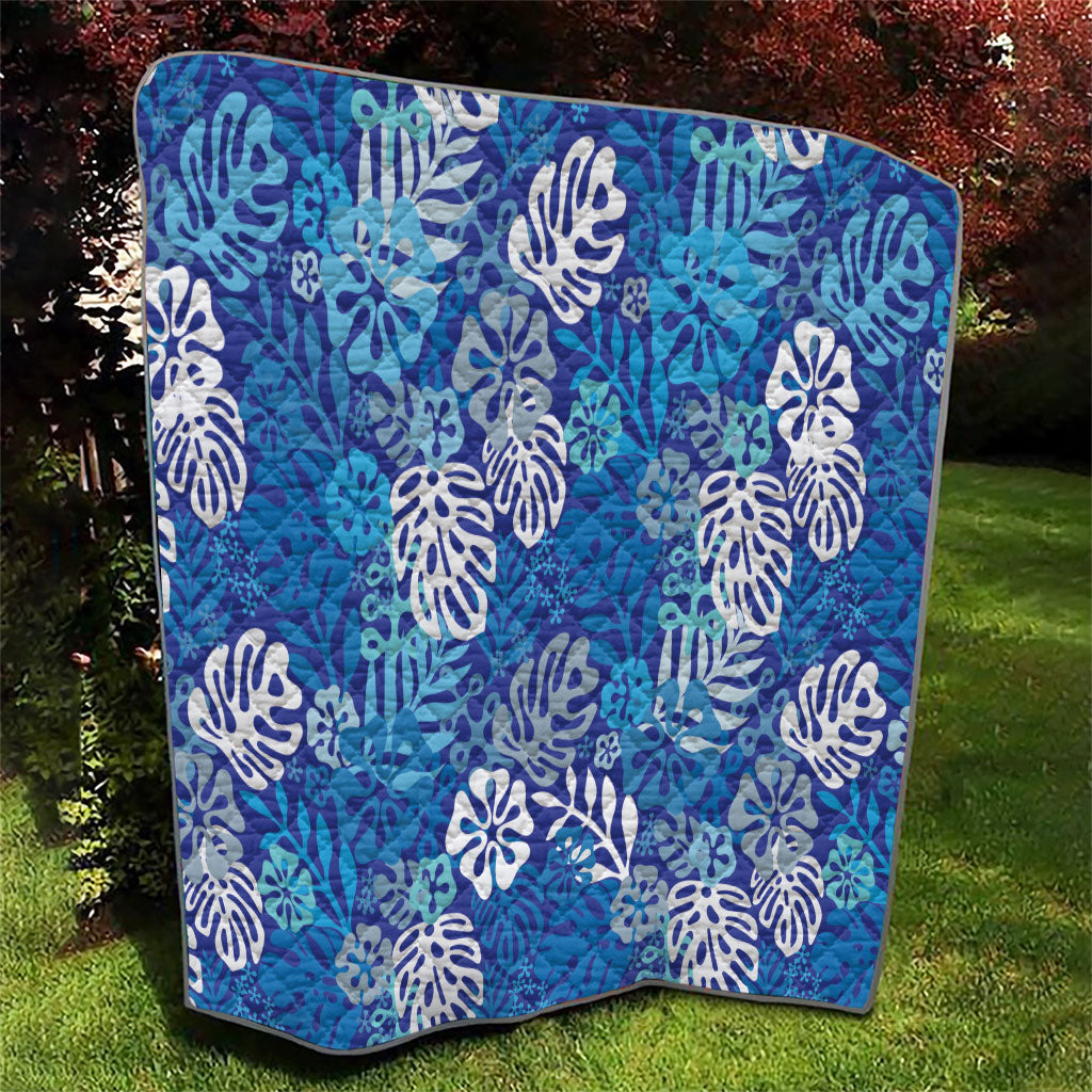 Blue Aloha Hawaiian Quilt Monstera Hibiscus Tropical Pattern