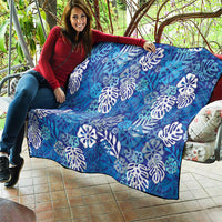 Blue Aloha Hawaiian Quilt Monstera Hibiscus Tropical Pattern
