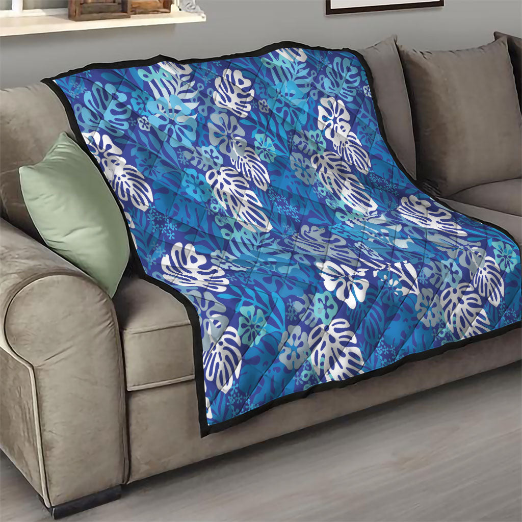 Blue Aloha Hawaiian Quilt Monstera Hibiscus Tropical Pattern