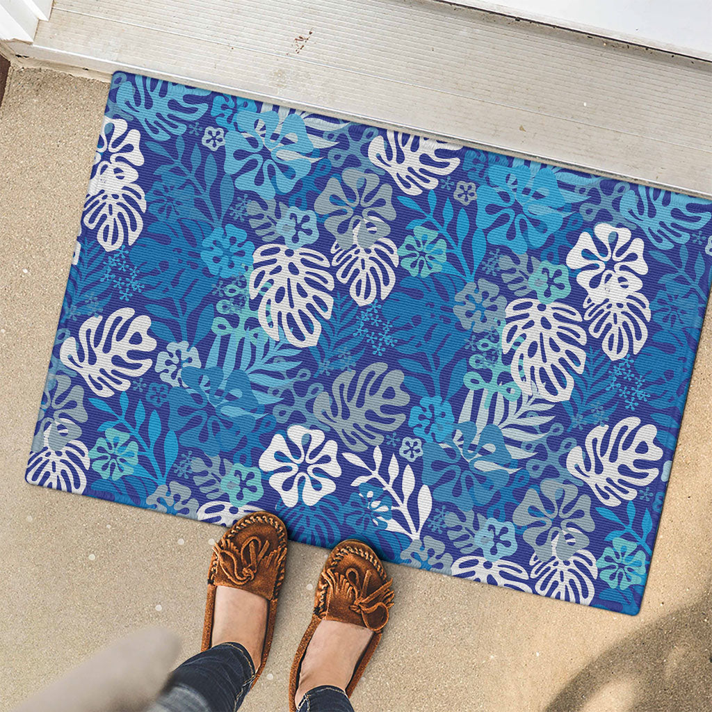 Blue Aloha Hawaiian Rubber Doormat Monstera Hibiscus Tropical Pattern
