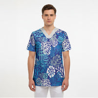 Blue Aloha Hawaiian Scrub Top Monstera Hibiscus Tropical Pattern