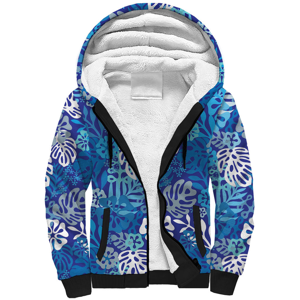 Blue Aloha Hawaiian Sherpa Hoodie Monstera Hibiscus Tropical Pattern