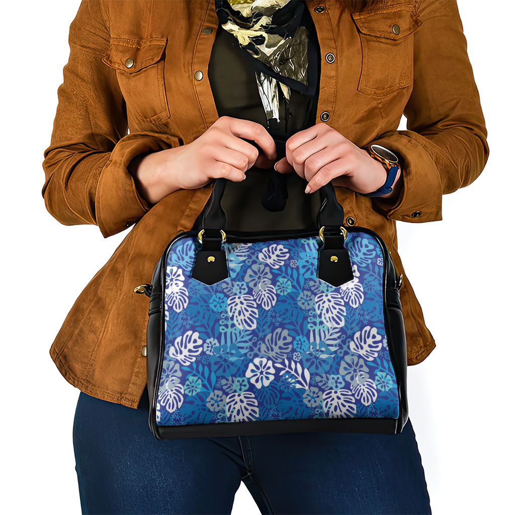 Blue Aloha Hawaiian Shoulder Handbag Monstera Hibiscus Tropical Pattern