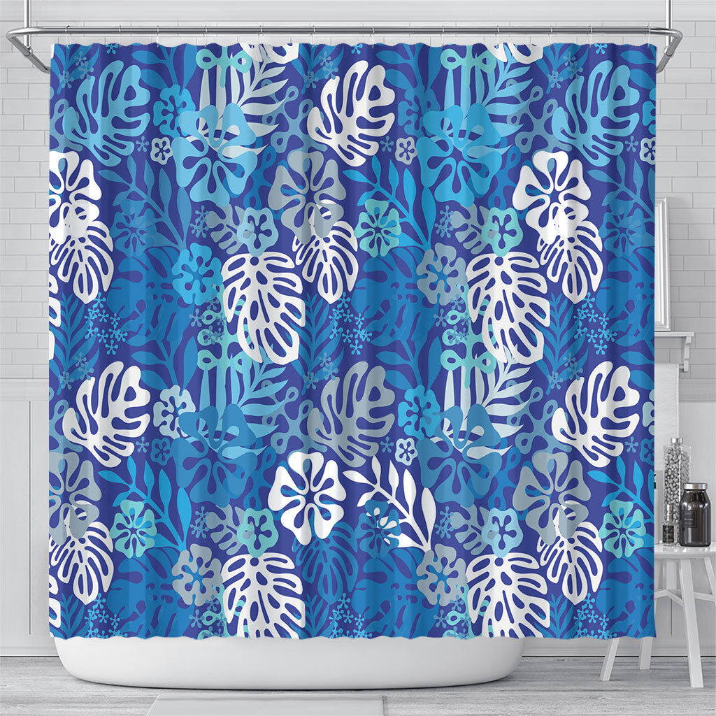Blue Aloha Hawaiian Shower Curtain Monstera Hibiscus Tropical Pattern