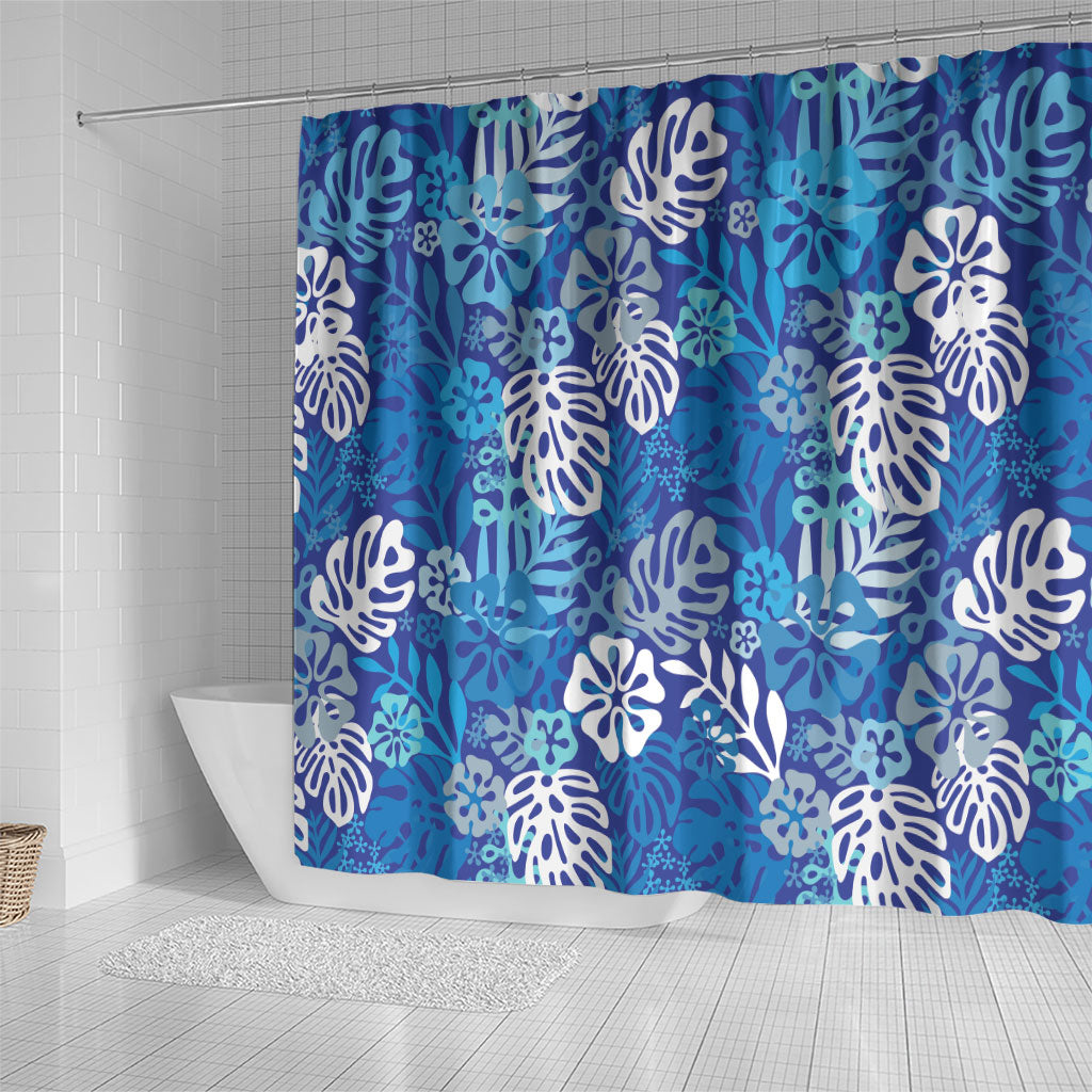 Blue Aloha Hawaiian Shower Curtain Monstera Hibiscus Tropical Pattern
