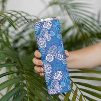 Blue Aloha Hawaiian Skinny Tumbler Monstera Hibiscus Tropical Pattern