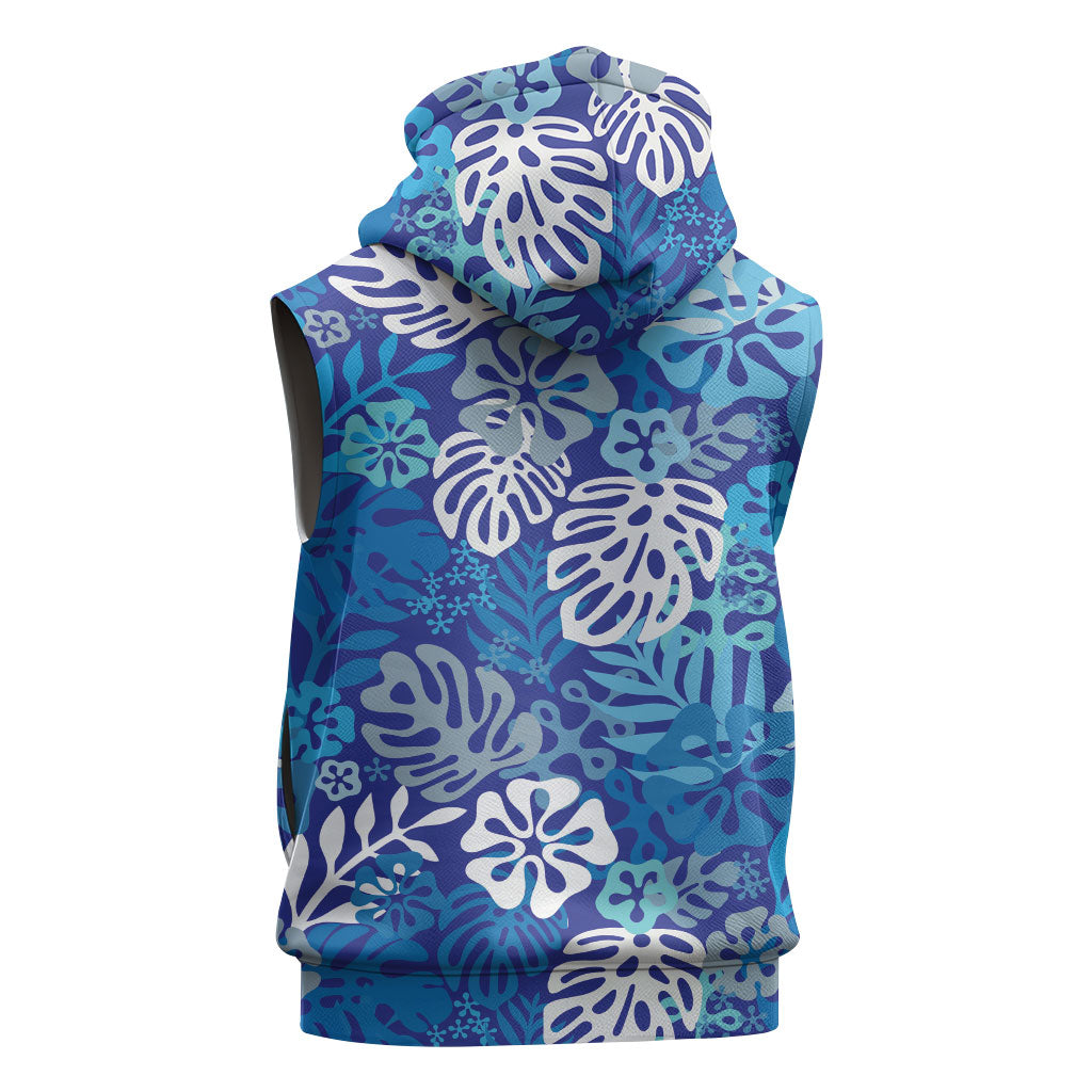 Blue Aloha Hawaiian Sleeveless Hoodie Monstera Hibiscus Tropical Pattern