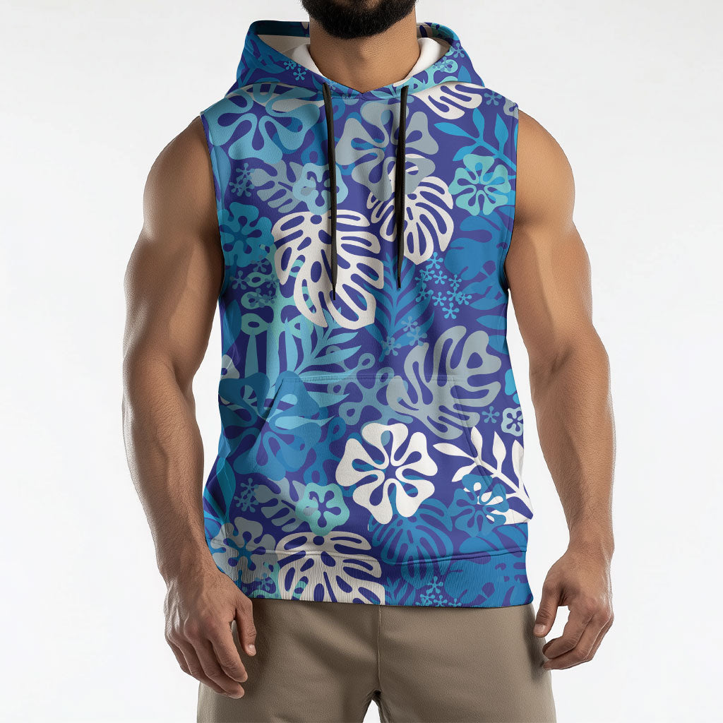Blue Aloha Hawaiian Sleeveless Hoodie Monstera Hibiscus Tropical Pattern