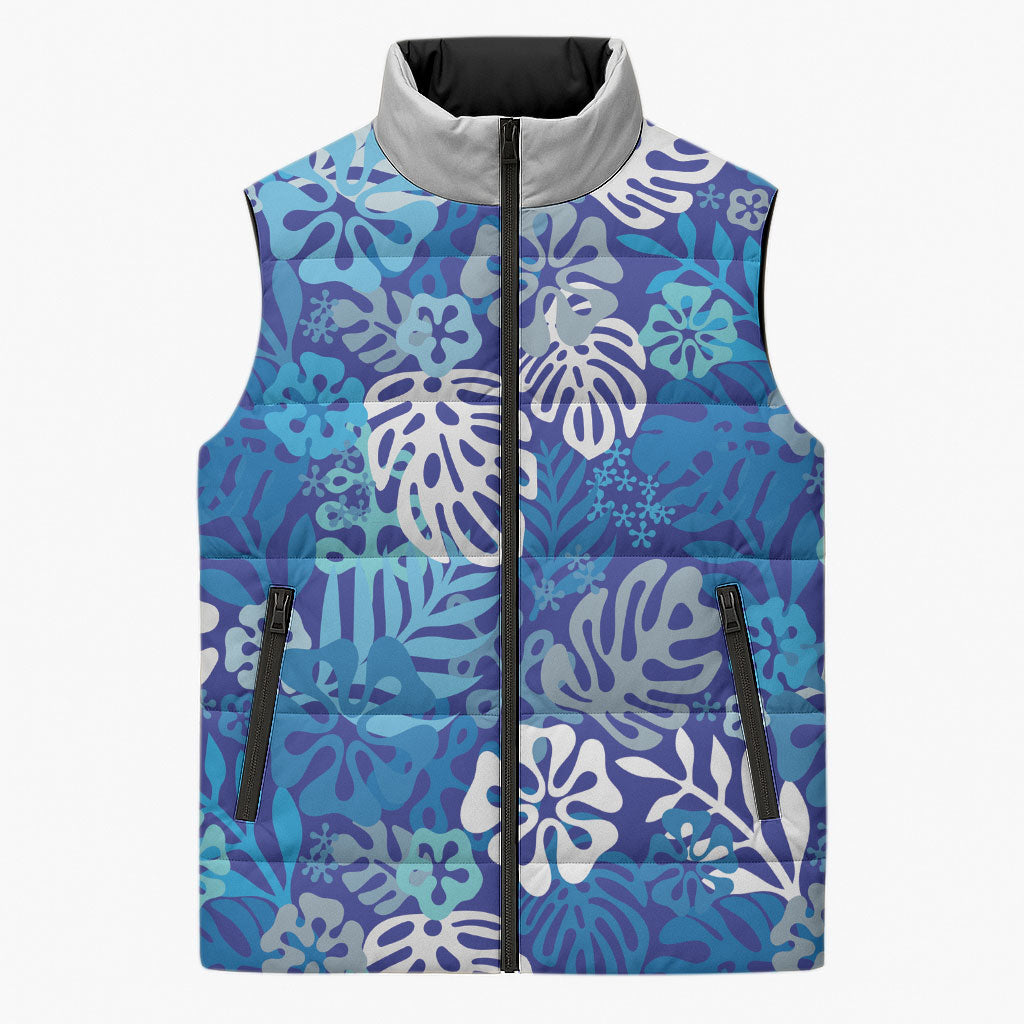 Blue Aloha Hawaiian Sleeveless Puffer Jacket Monstera Hibiscus Tropical Pattern