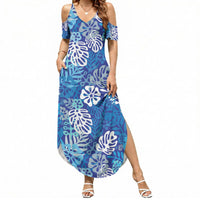 Blue Aloha Hawaiian Summer Maxi Dress Monstera Hibiscus Tropical Pattern