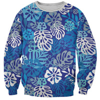 Blue Aloha Hawaiian Sweatshirt Monstera Hibiscus Tropical Pattern