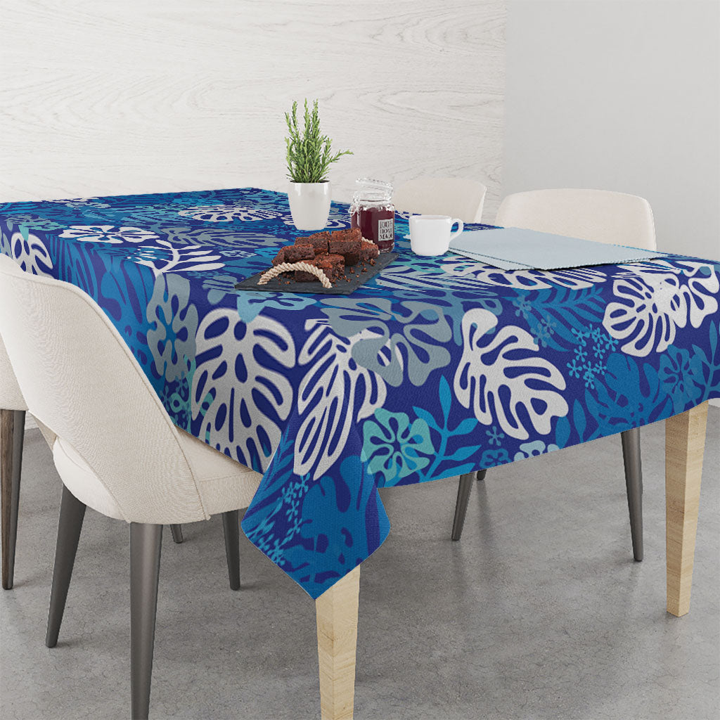 Blue Aloha Hawaiian Tablecloth Monstera Hibiscus Tropical Pattern