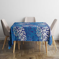 Blue Aloha Hawaiian Tablecloth Monstera Hibiscus Tropical Pattern