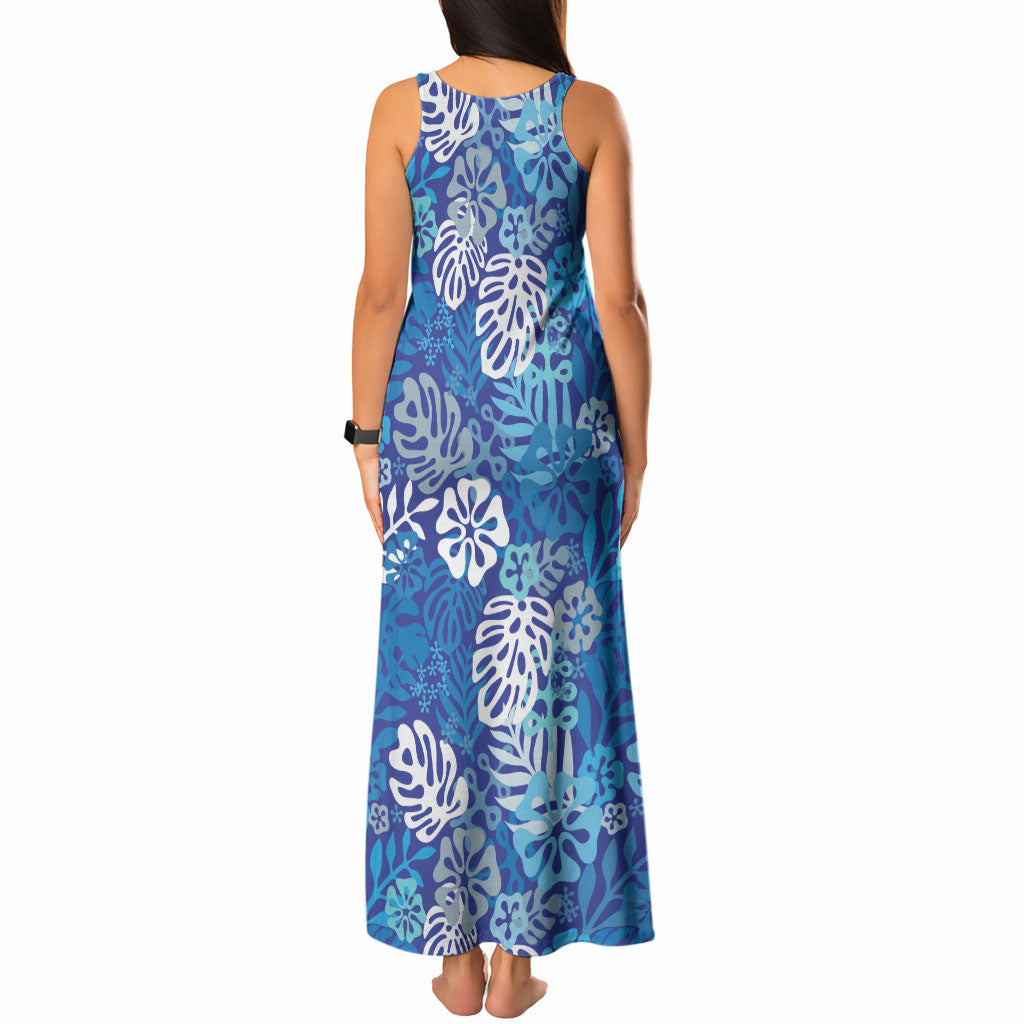 Blue Aloha Hawaiian Tank Maxi Dress Monstera Hibiscus Tropical Pattern
