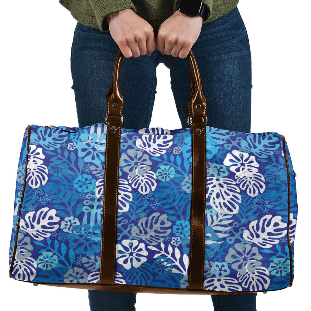 Blue Aloha Hawaiian Travel Bag Monstera Hibiscus Tropical Pattern