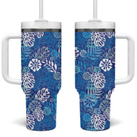 Blue Aloha Hawaiian Tumbler With Handle Monstera Hibiscus Tropical Pattern