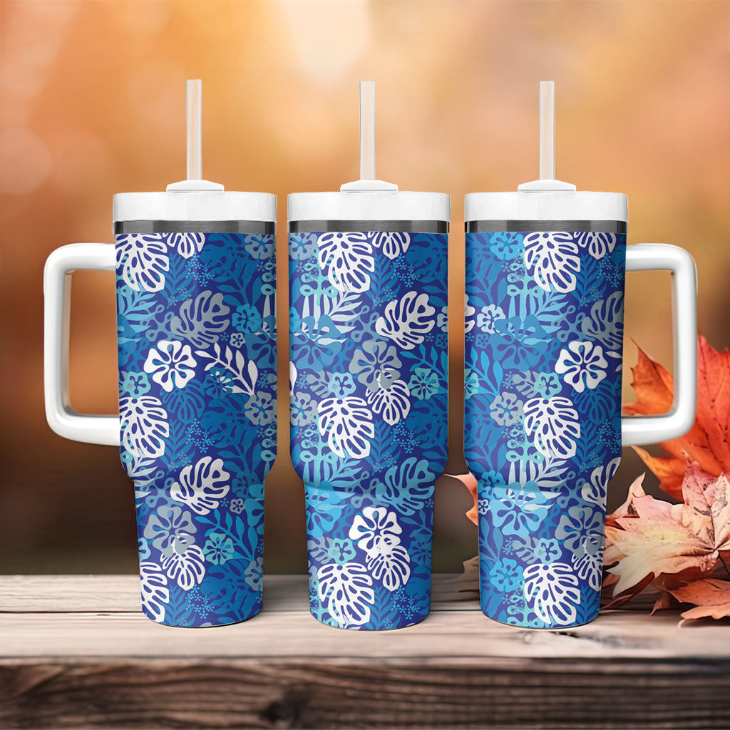 Blue Aloha Hawaiian Tumbler With Handle Monstera Hibiscus Tropical Pattern