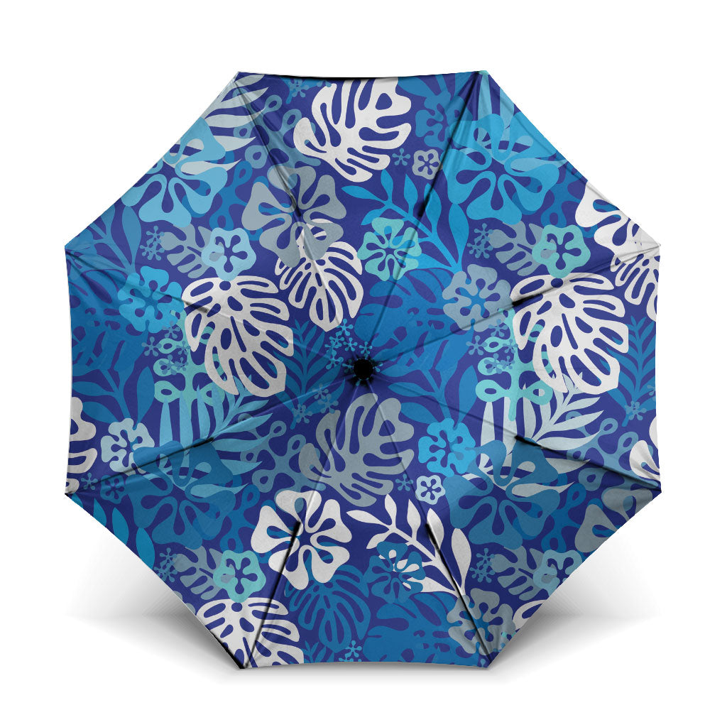 Blue Aloha Hawaiian Umbrella Monstera Hibiscus Tropical Pattern
