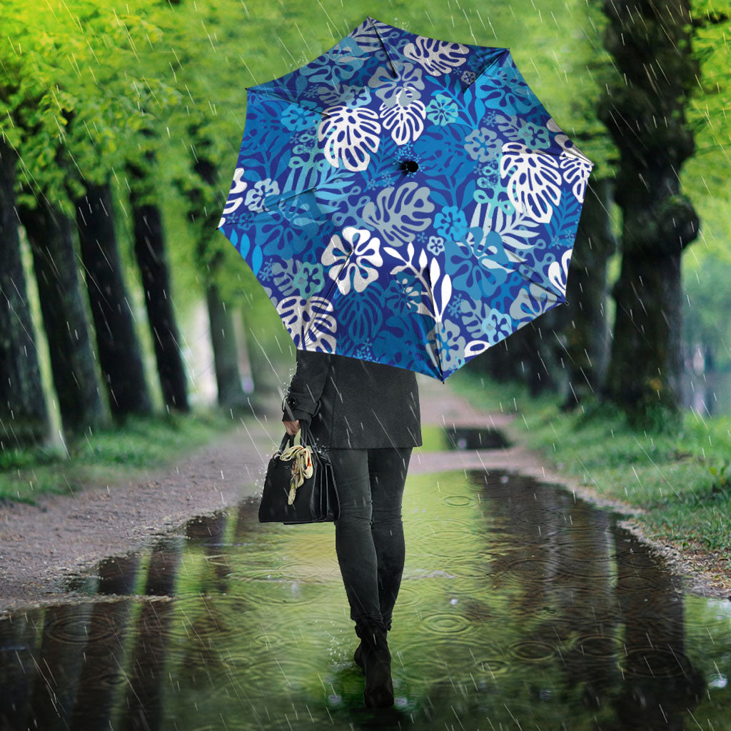 Blue Aloha Hawaiian Umbrella Monstera Hibiscus Tropical Pattern