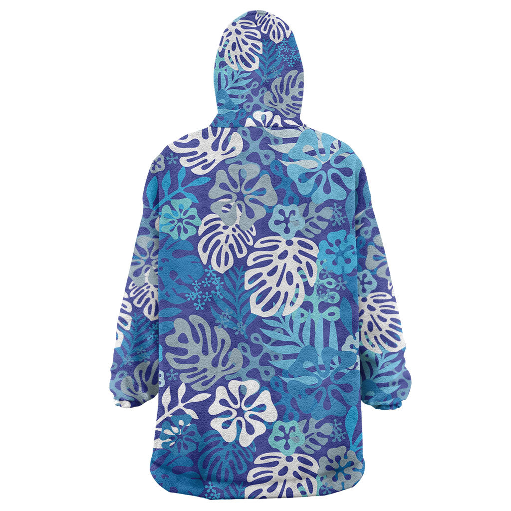 Blue Aloha Hawaiian Wearable Blanket Hoodie Monstera Hibiscus Tropical Pattern