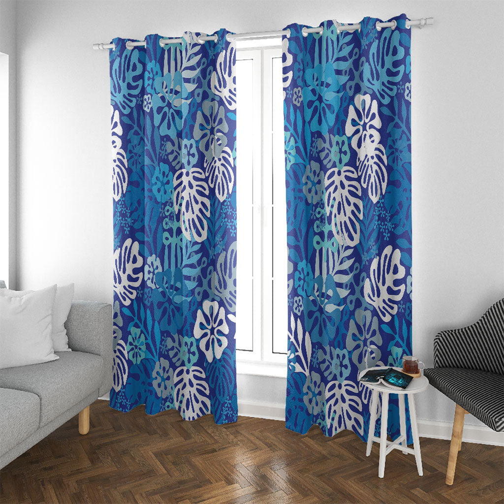 Blue Aloha Hawaiian Window Curtain Monstera Hibiscus Tropical Pattern
