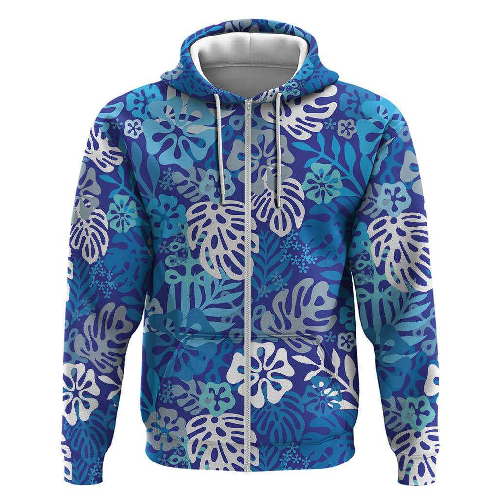 Blue Aloha Hawaiian Zip Hoodie Monstera Hibiscus Tropical Pattern LT19 Zip Hoodie Blue - Polynesian Pride