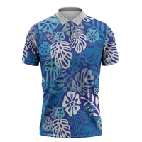 Blue Aloha Hawaiian Zipper Polo Shirt Monstera Hibiscus Tropical Pattern