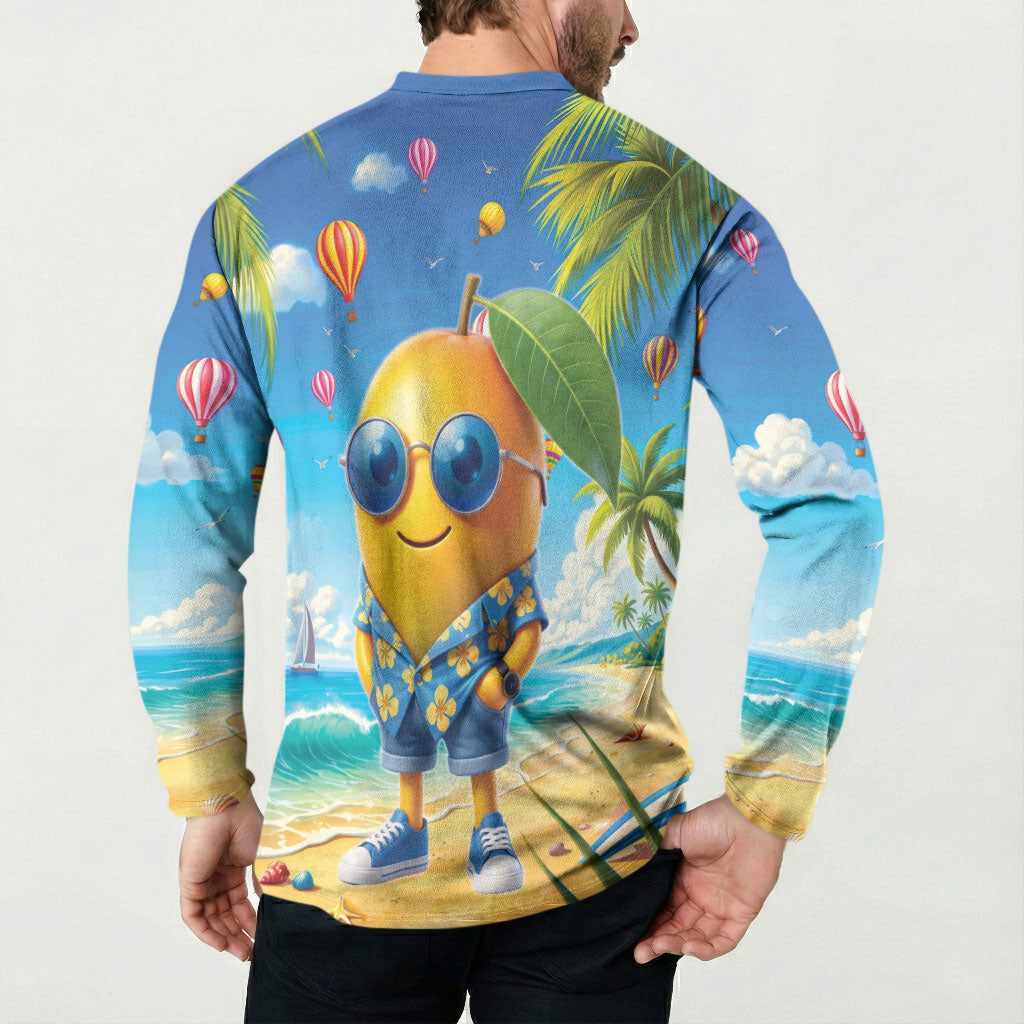 Funny Hawaii Mango Button Sweatshirt Tropical Summer Beach Mascot Vacation
