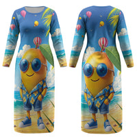 Funny Hawaii Mango Couples Matching Long Sleeve Bodycon Dress and Hawaiian Shirt Tropical Summer Beach Mascot Vacation