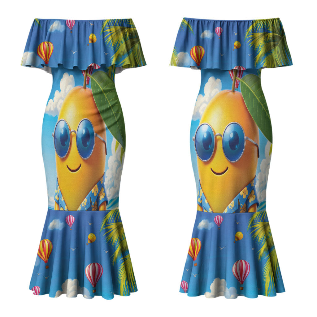 Funny Hawaii Mango Couples Matching Mermaid Dress and Hawaiian Shirt Tropical Summer Beach Mascot Vacation