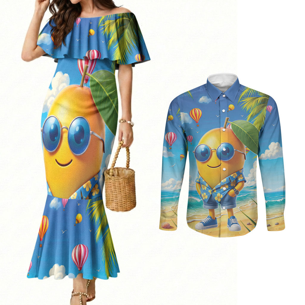 Funny Hawaii Mango Couples Matching Mermaid Dress and Long Sleeve Button Shirt Tropical Summer Beach Mascot Vacation