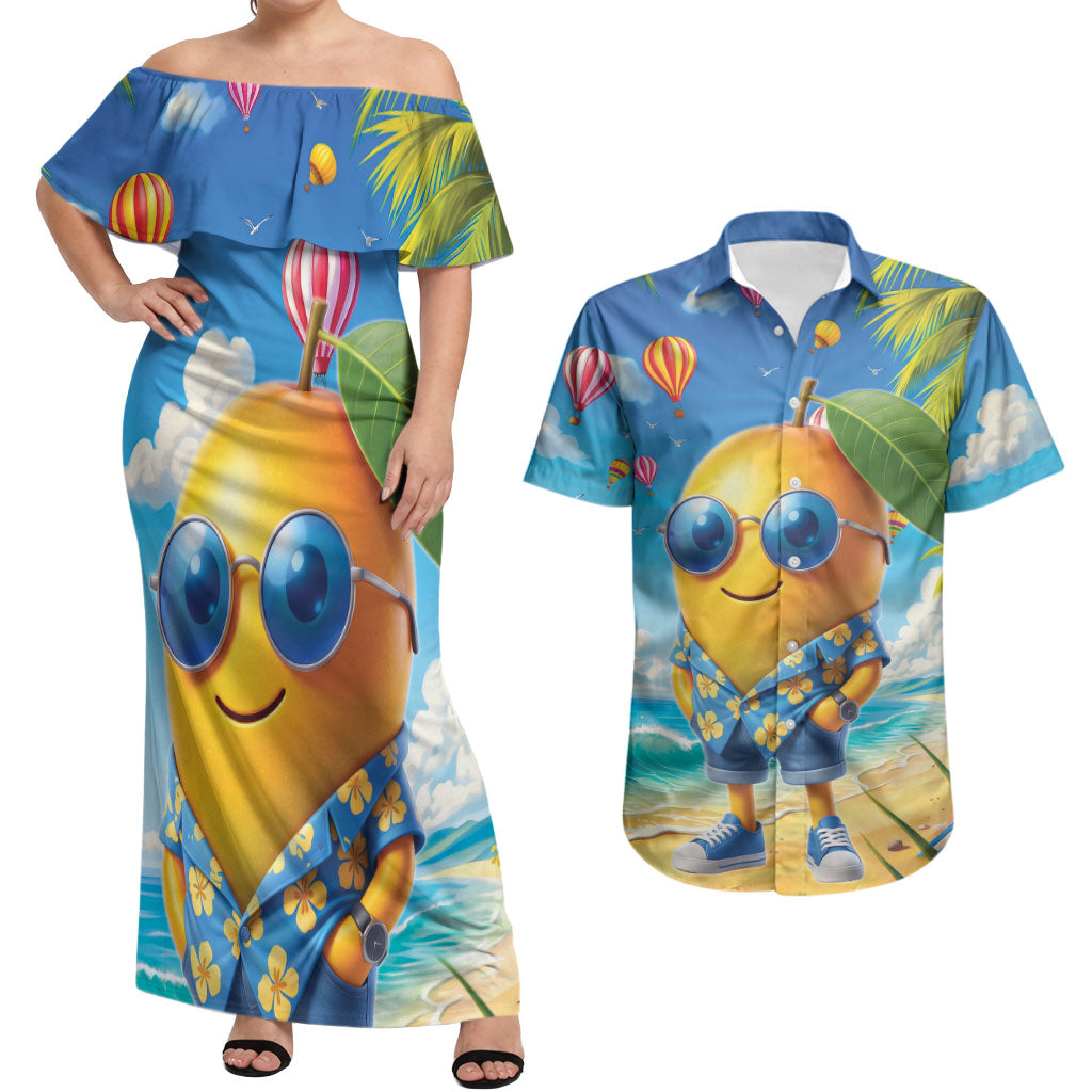 Funny Hawaii Mango Couples Matching Off Shoulder Maxi Dress and Hawaiian Shirt Tropical Summer Beach Mascot Vacation