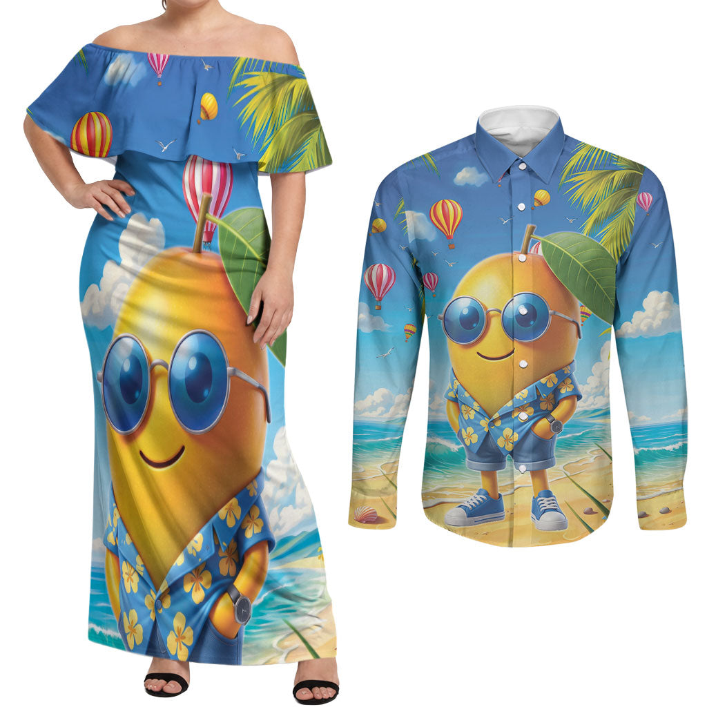 Funny Hawaii Mango Couples Matching Off Shoulder Maxi Dress and Long Sleeve Button Shirt Tropical Summer Beach Mascot Vacation
