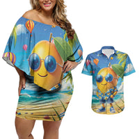 Funny Hawaii Mango Couples Matching Off Shoulder Short Dress and Hawaiian Shirt Tropical Summer Beach Mascot Vacation
