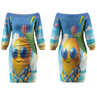 Funny Hawaii Mango Couples Matching Off The Shoulder Long Sleeve Dress and Hawaiian Shirt Tropical Summer Beach Mascot Vacation