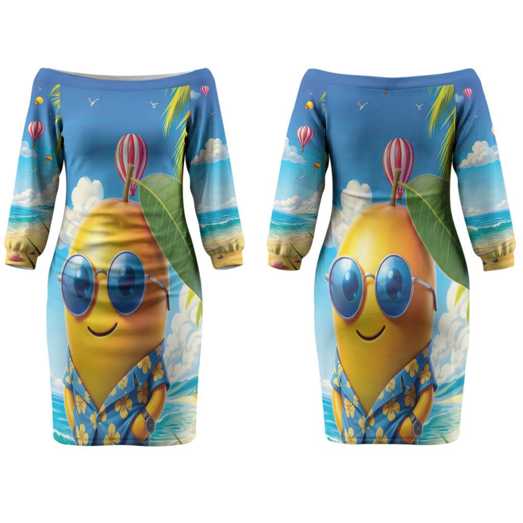 Funny Hawaii Mango Couples Matching Off The Shoulder Long Sleeve Dress and Long Sleeve Button Shirt Tropical Summer Beach Mascot Vacation