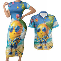 Funny Hawaii Mango Couples Matching Short Sleeve Bodycon Dress and Hawaiian Shirt Tropical Summer Beach Mascot Vacation