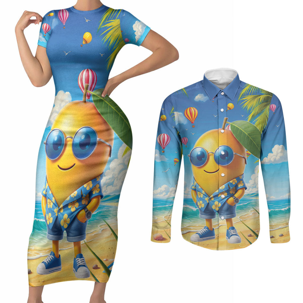 Funny Hawaii Mango Couples Matching Short Sleeve Bodycon Dress and Long Sleeve Button Shirt Tropical Summer Beach Mascot Vacation
