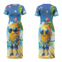 Funny Hawaii Mango Couples Matching Short Sleeve Bodycon Dress and Long Sleeve Button Shirt Tropical Summer Beach Mascot Vacation