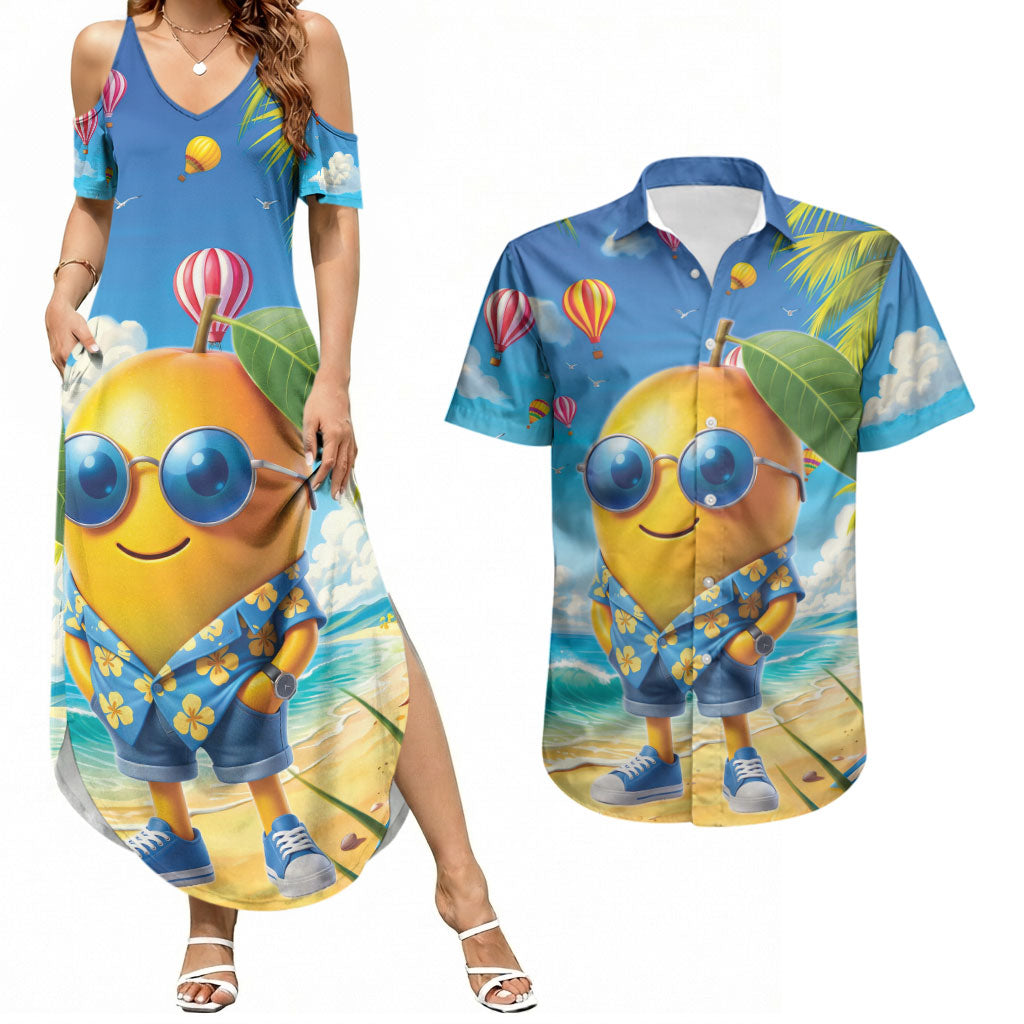 Funny Hawaii Mango Couples Matching Summer Maxi Dress and Hawaiian Shirt Tropical Summer Beach Mascot Vacation