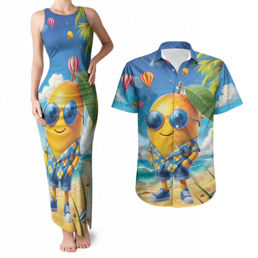 Funny Hawaii Mango Couples Matching Tank Maxi Dress and Hawaiian Shirt Tropical Summer Beach Mascot Vacation