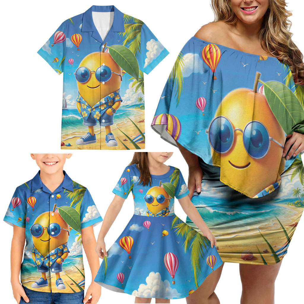 Funny Hawaii Mango Family Matching Off Shoulder Short Dress and Hawaiian Shirt Tropical Summer Beach Mascot Vacation