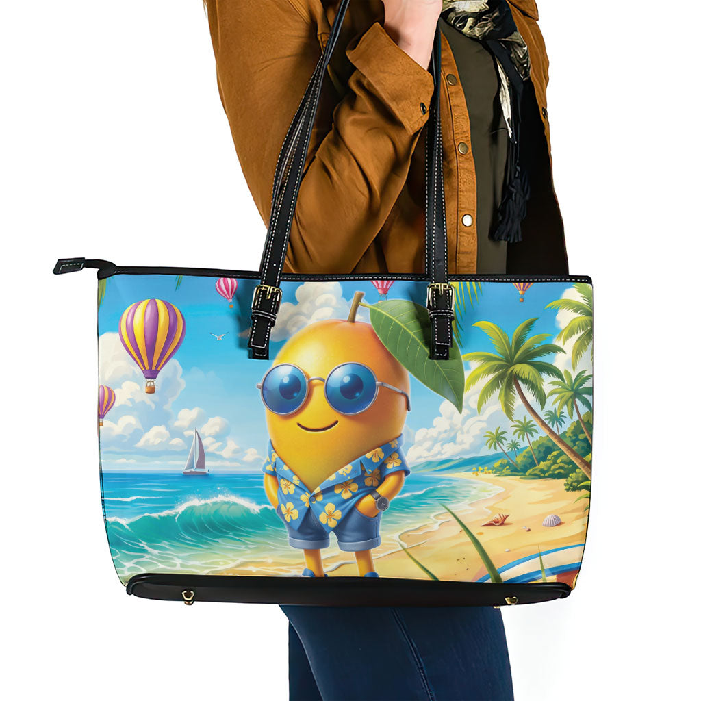 Funny Hawaii Mango Leather Tote Bag Tropical Summer Beach Mascot Vacation