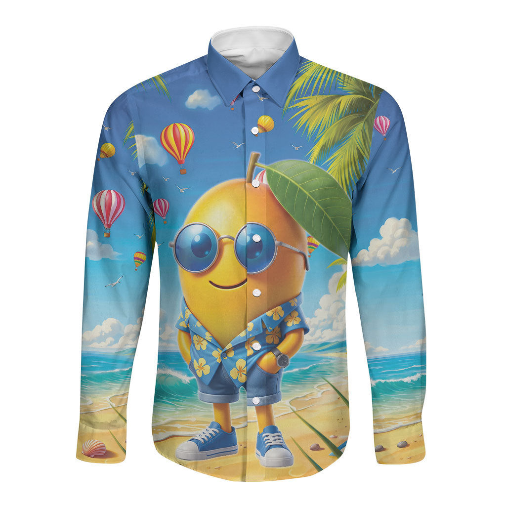 Funny Hawaii Mango Long Sleeve Button Shirt Tropical Summer Beach Mascot Vacation