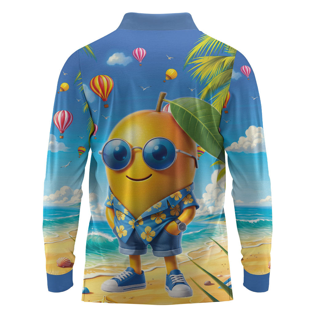 Funny Hawaii Mango Long Sleeve Polo Shirt Tropical Summer Beach Mascot Vacation