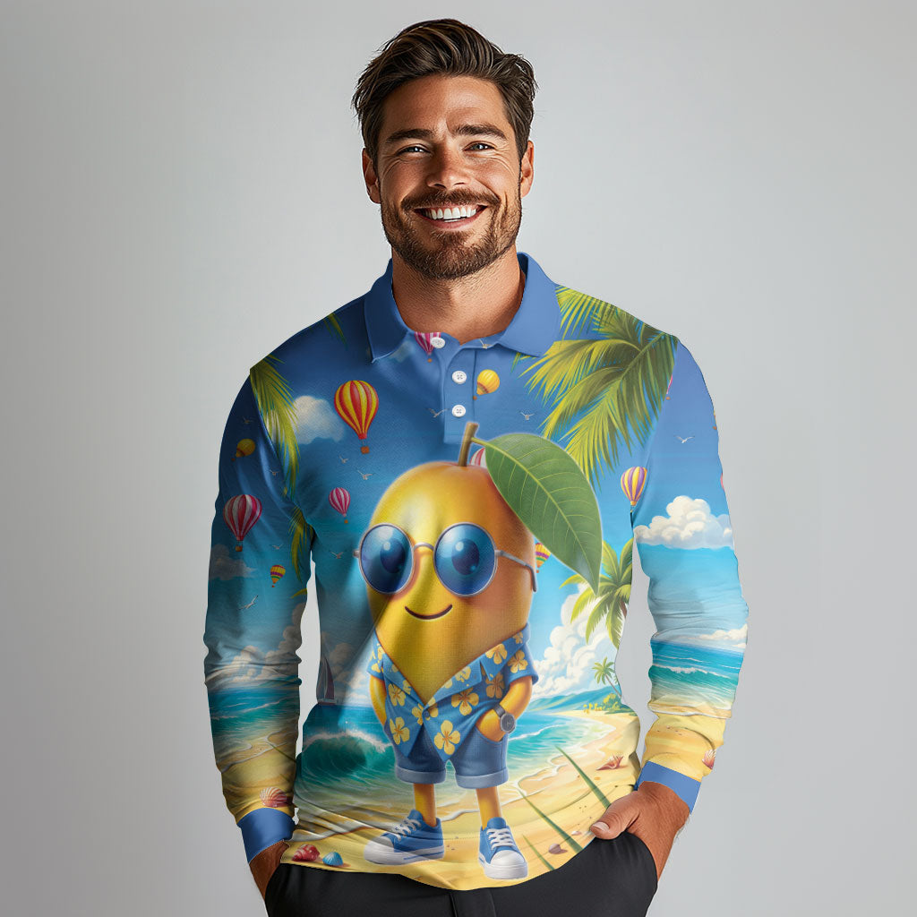 Funny Hawaii Mango Long Sleeve Polo Shirt Tropical Summer Beach Mascot Vacation