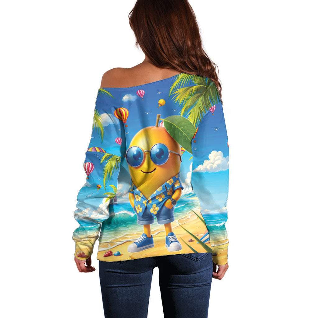 Funny Hawaii Mango Off Shoulder Sweater Tropical Summer Beach Mascot Vacation