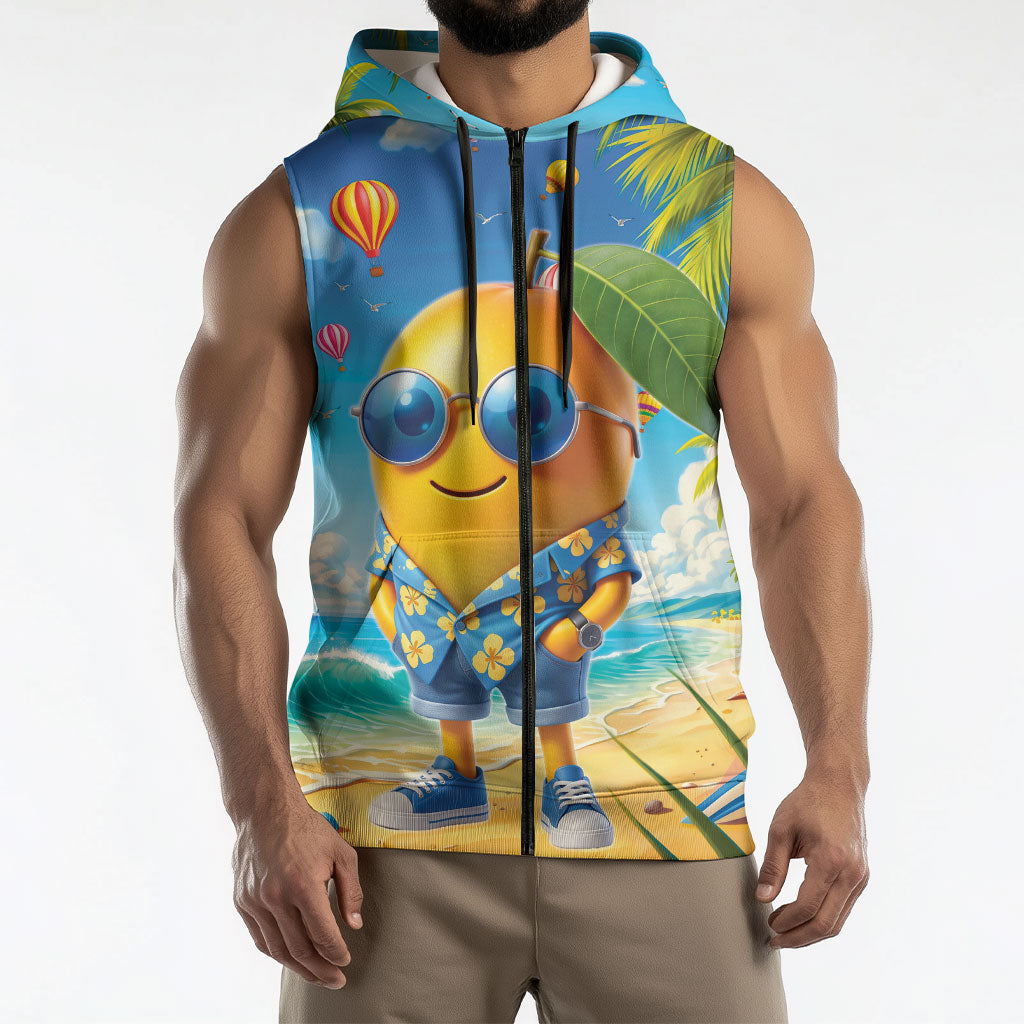 Funny Hawaii Mango Sleeveless Zip Hoodie Tropical Summer Beach Mascot Vacation
