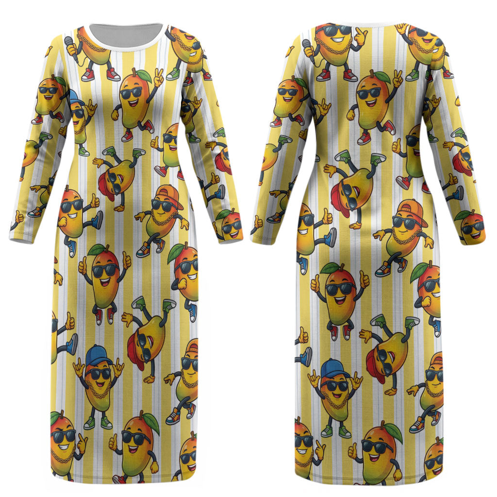 Funny Hawaii Mango Hip Hop Cartoon Couples Matching Long Sleeve Bodycon Dress and Hawaiian Shirt Summer Beach Party