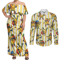 Funny Hawaii Mango Hip Hop Cartoon Couples Matching Off Shoulder Maxi Dress and Long Sleeve Button Shirt Summer Beach Party